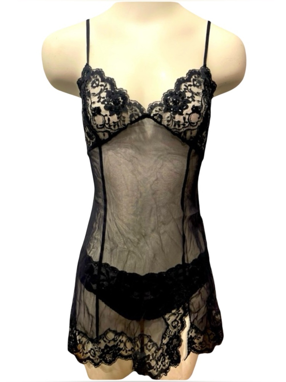 LIKE NEW Victorias Secret Black Lace Sequin Sheer Chemise (Medium)